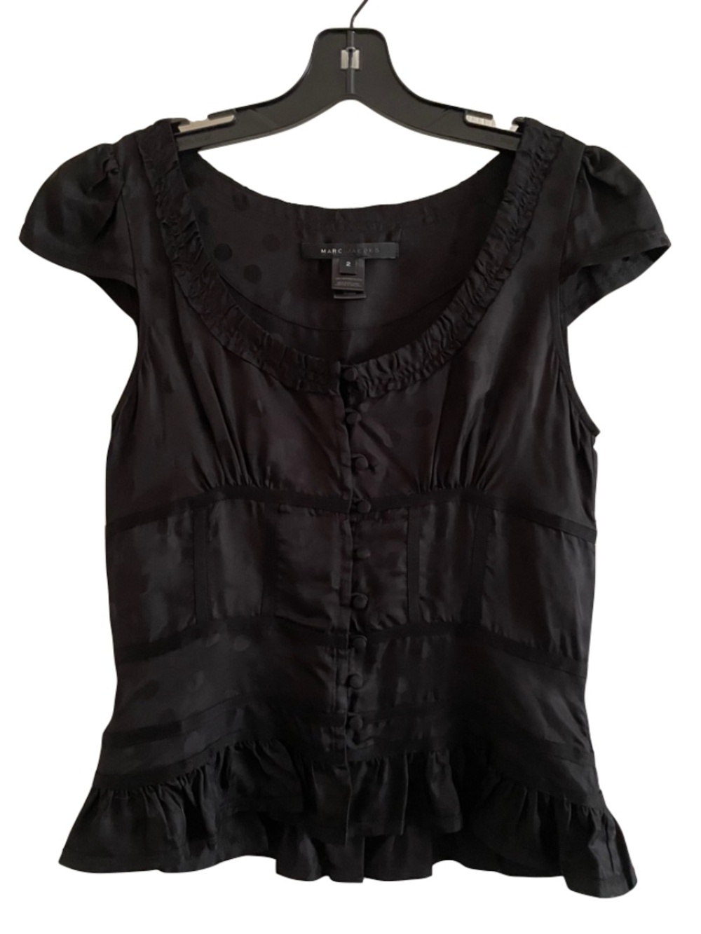 Marc Jacobs Corset Style Polka Dot Black Cap Sleeve Ruffle Peplum Blouse